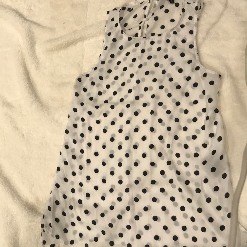 White dressy tank with black polka dots
